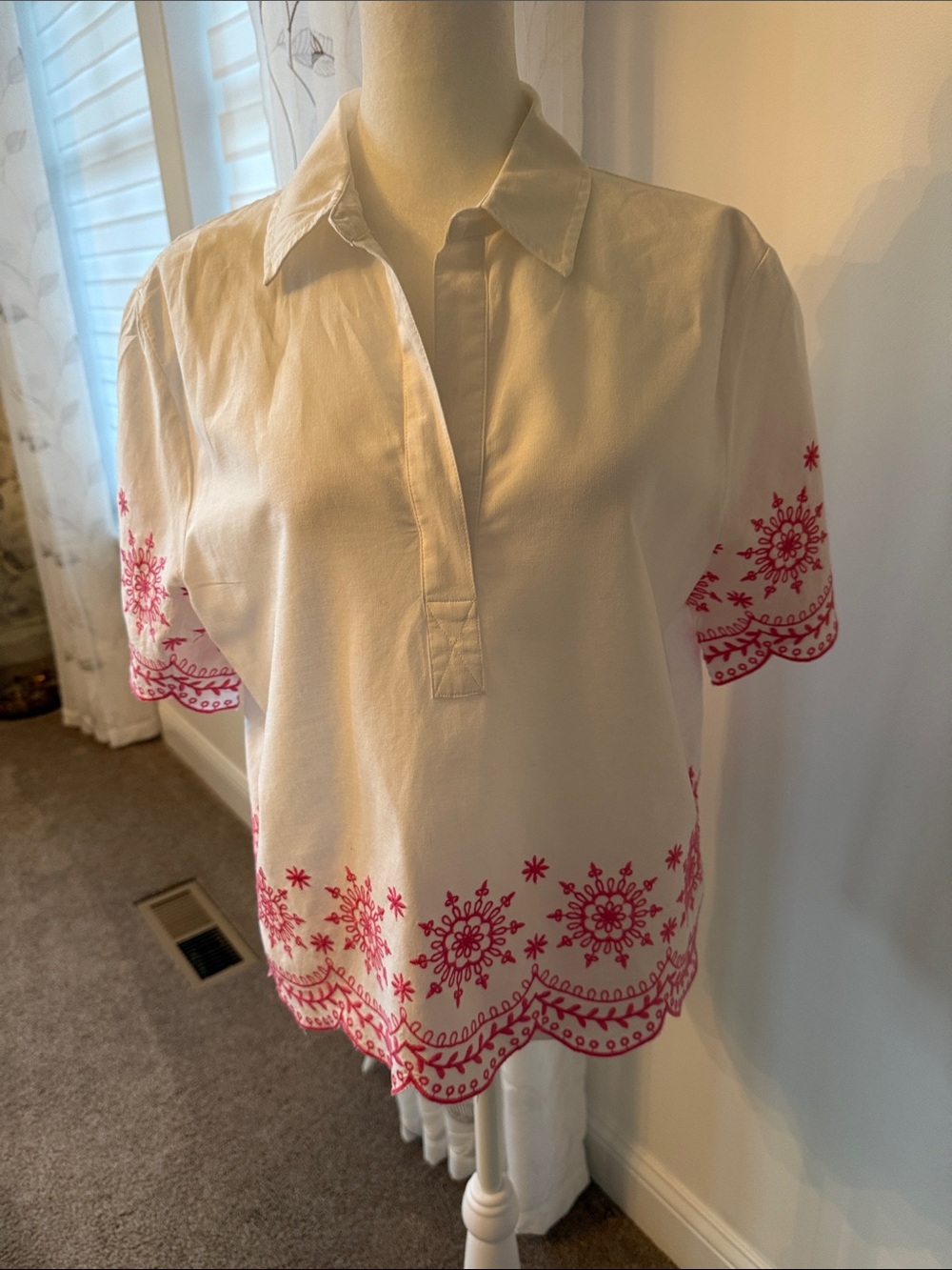 Talbots White Tunic with Pink Embroidered Hem